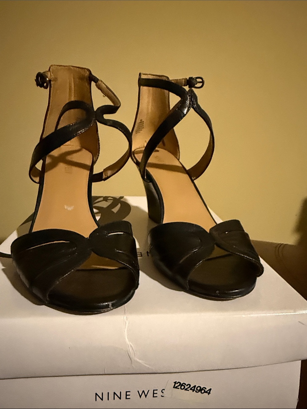 Nine West Black Leather Open-Toe Ankle Strap Heels